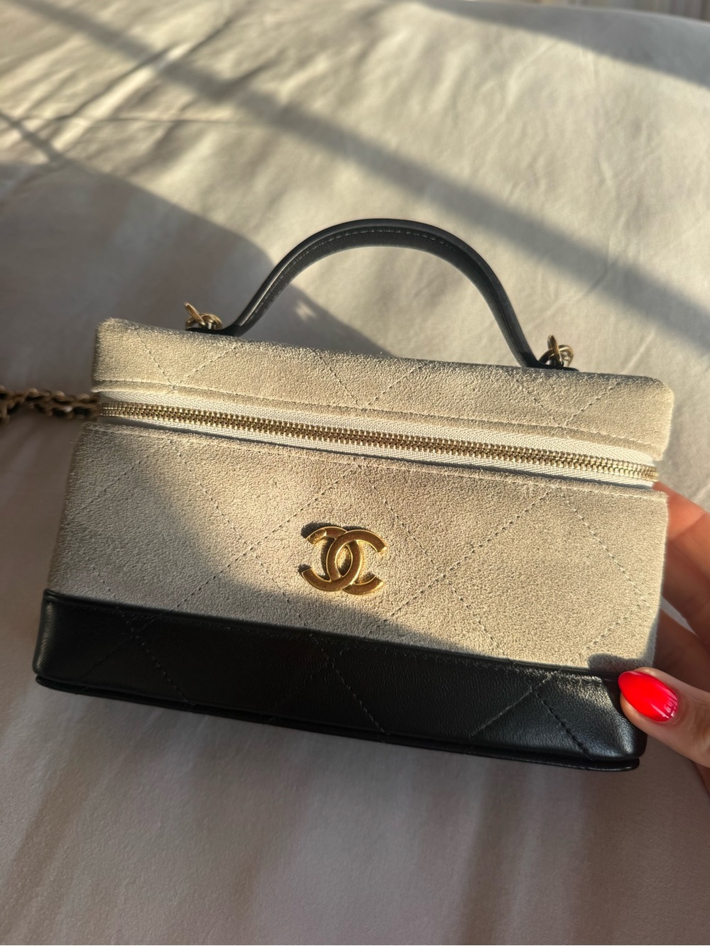 BRAND NEW! CHANEL Beige and Black Mini Vanity Case Bag with Gold CC